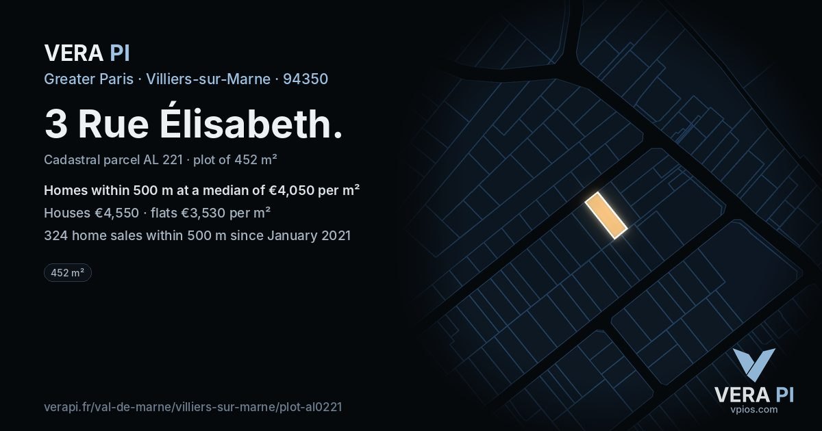 3 Rue Élisabeth, Villiers-sur-Marne at night – the plot lit, the parcels around coloured by the prices near them