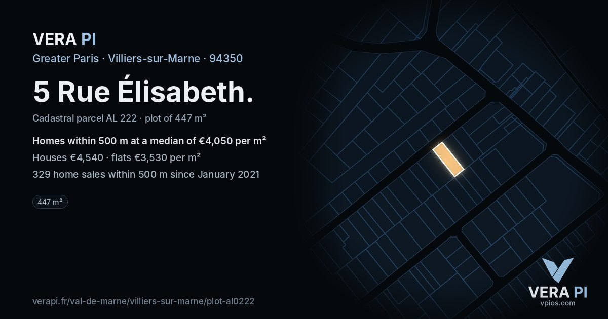 5 Rue Élisabeth, Villiers-sur-Marne at night – the plot lit, the parcels around coloured by the prices near them
