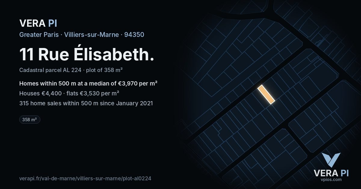 11 Rue Élisabeth, Villiers-sur-Marne at night – the plot lit, the parcels around coloured by the prices near them