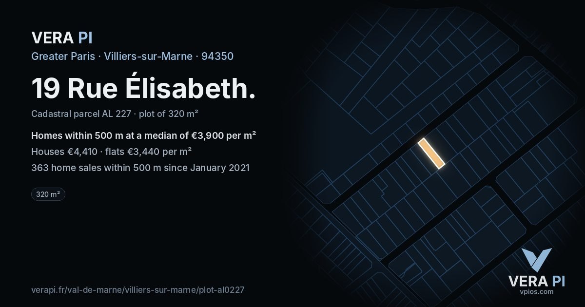 19 Rue Élisabeth, Villiers-sur-Marne at night – the plot lit, the parcels around coloured by the prices near them