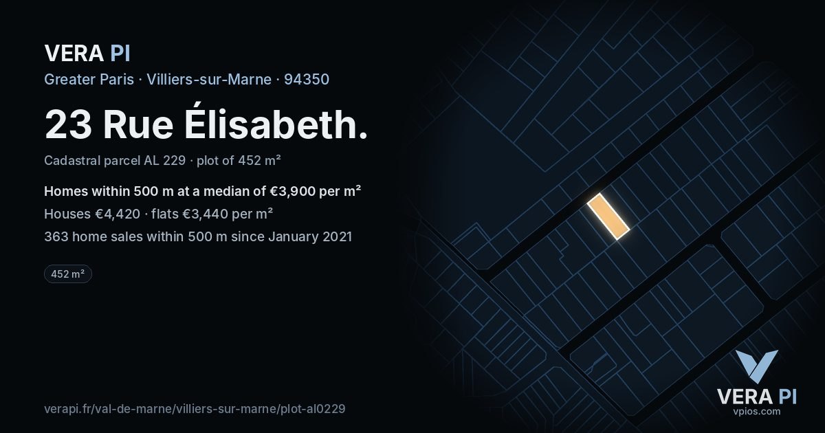 23 Rue Élisabeth, Villiers-sur-Marne at night – the plot lit, the parcels around coloured by the prices near them