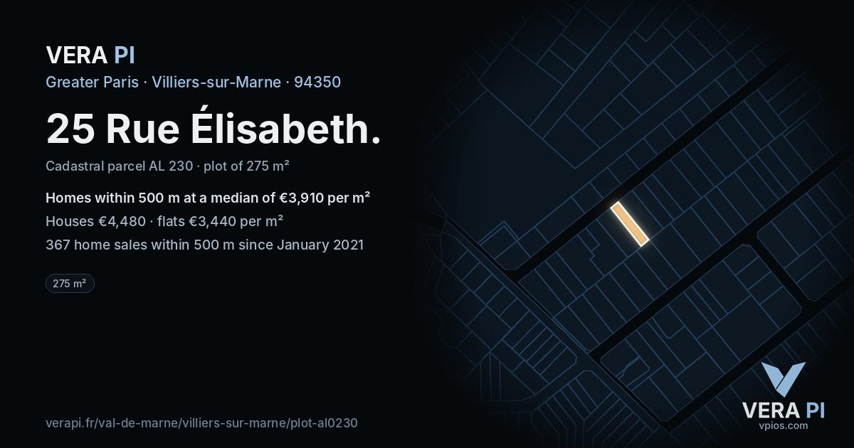 25 Rue Élisabeth, Villiers-sur-Marne at night – the plot lit, the parcels around coloured by the prices near them
