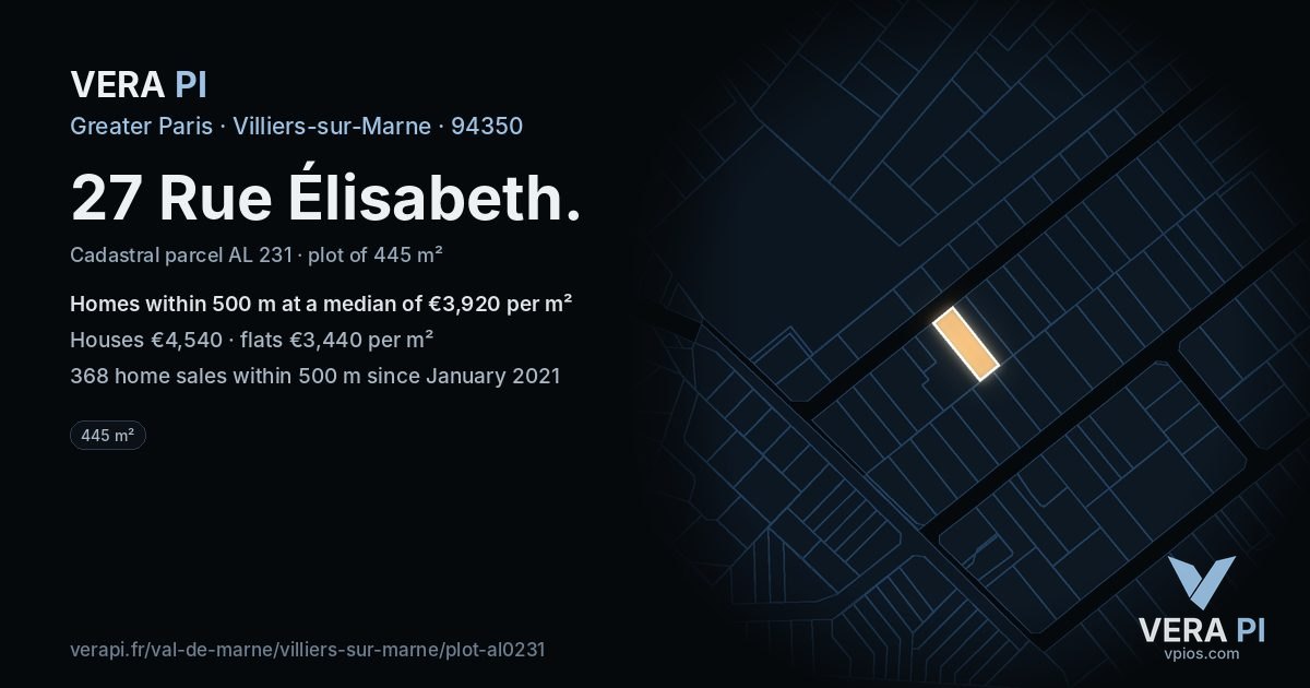 27 Rue Élisabeth, Villiers-sur-Marne at night – the plot lit, the parcels around coloured by the prices near them