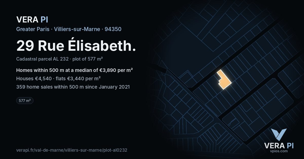 29 Rue Élisabeth, Villiers-sur-Marne at night – the plot lit, the parcels around coloured by the prices near them