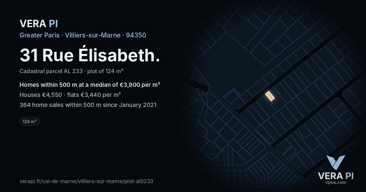 31 Rue Élisabeth, Villiers-sur-Marne at night – the plot lit, the parcels around coloured by the prices near them