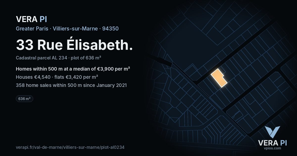 33 Rue Élisabeth, Villiers-sur-Marne at night – the plot lit, the parcels around coloured by the prices near them
