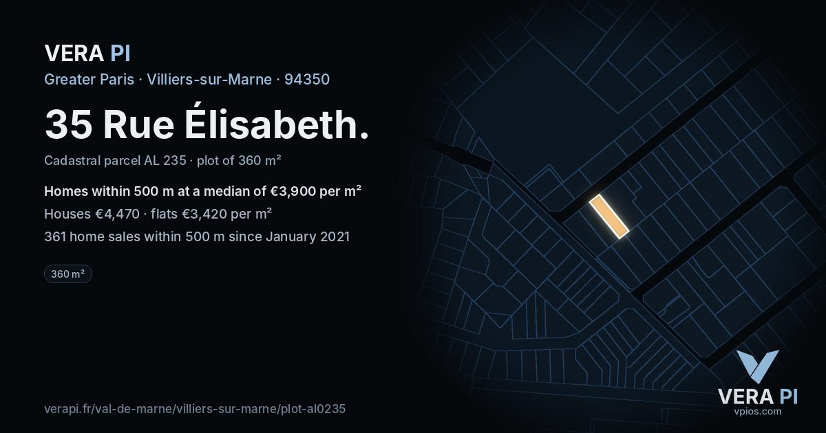 35 Rue Élisabeth, Villiers-sur-Marne at night – the plot lit, the parcels around coloured by the prices near them
