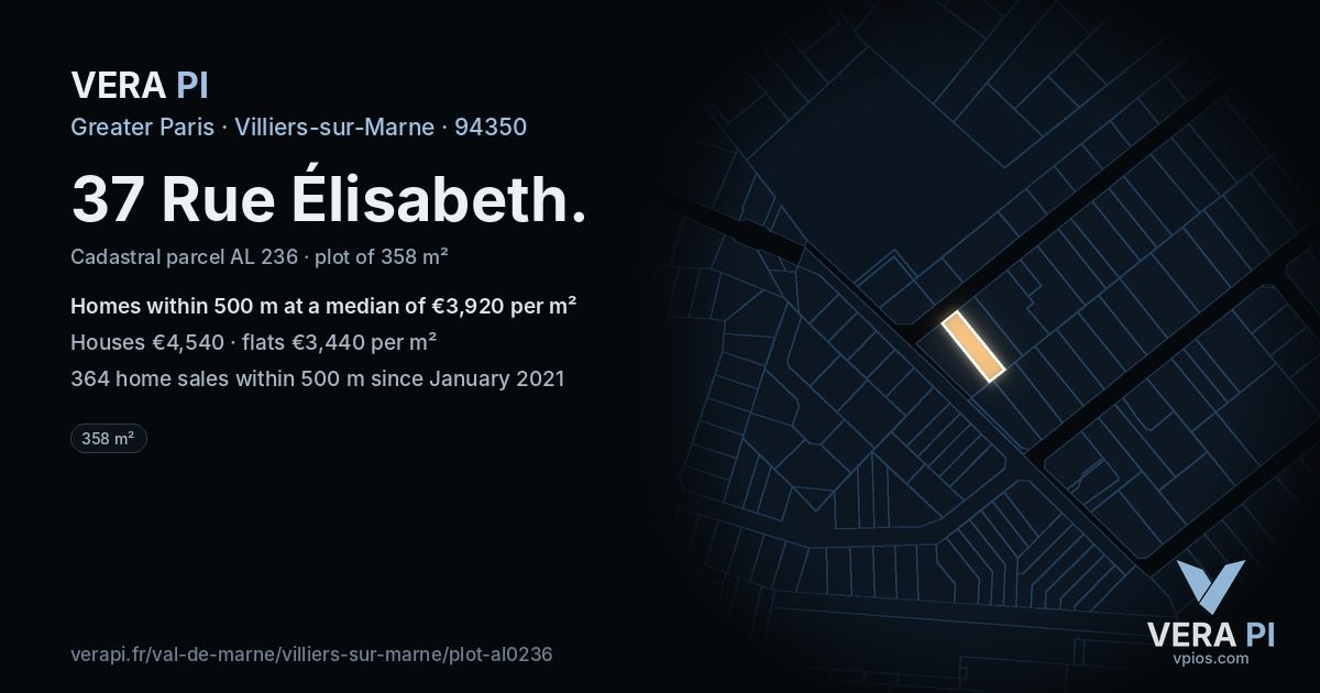 37 Rue Élisabeth, Villiers-sur-Marne at night – the plot lit, the parcels around coloured by the prices near them