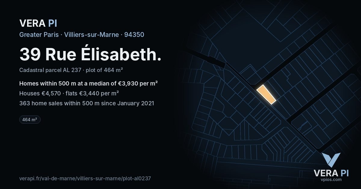 39 Rue Élisabeth, Villiers-sur-Marne at night – the plot lit, the parcels around coloured by the prices near them