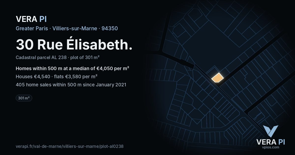 30 Rue Élisabeth, Villiers-sur-Marne at night – the plot lit, the parcels around coloured by the prices near them