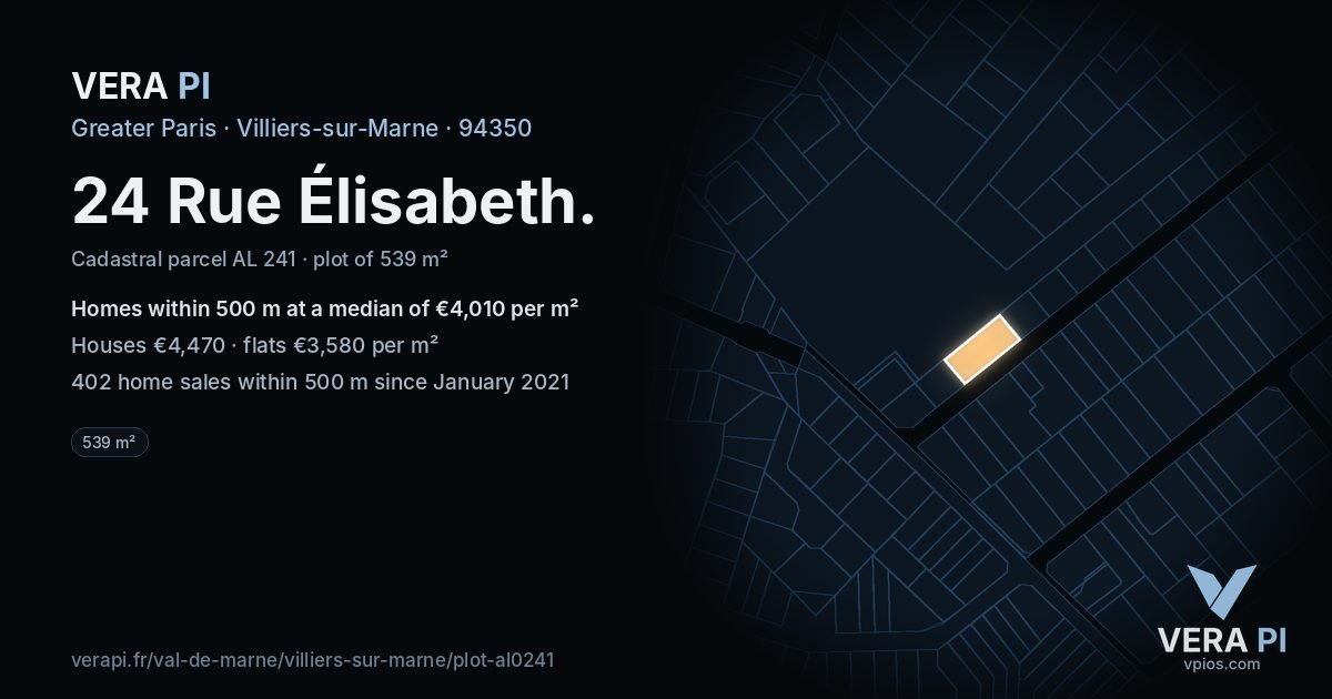 24 Rue Élisabeth, Villiers-sur-Marne at night – the plot lit, the parcels around coloured by the prices near them