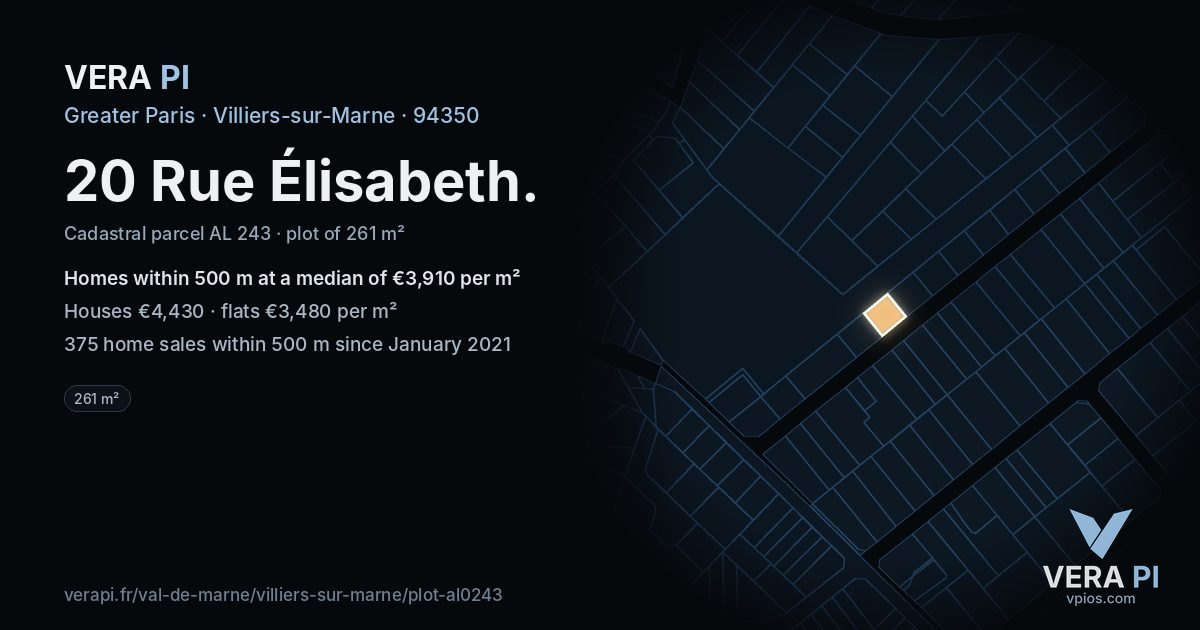 20 Rue Élisabeth, Villiers-sur-Marne at night – the plot lit, the parcels around coloured by the prices near them