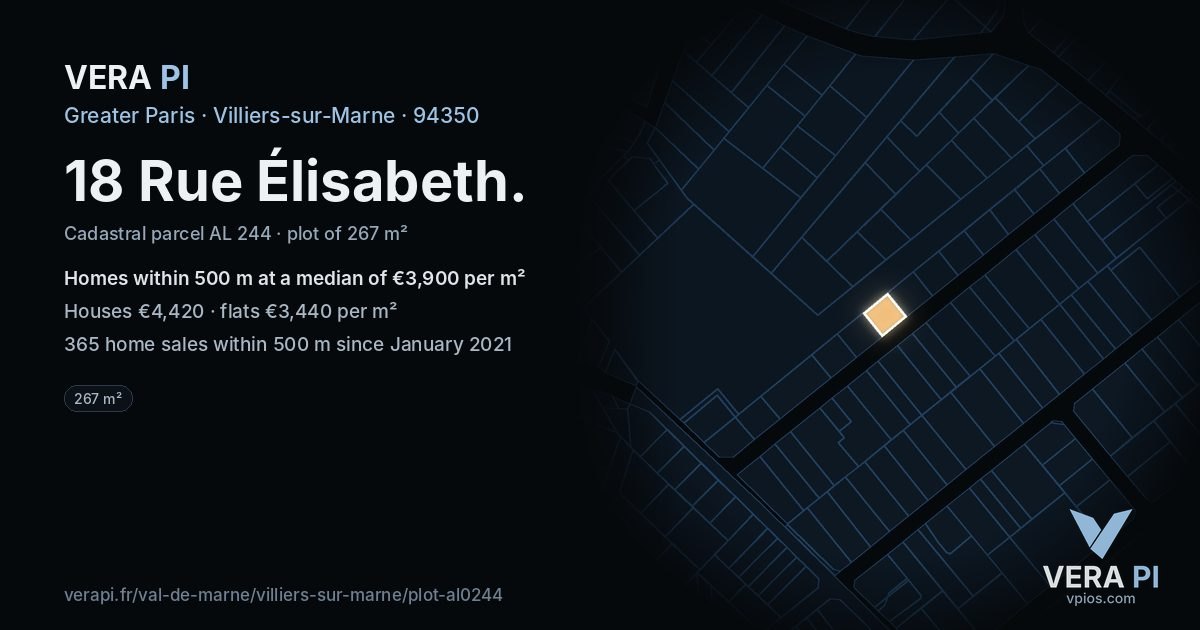 18 Rue Élisabeth, Villiers-sur-Marne at night – the plot lit, the parcels around coloured by the prices near them