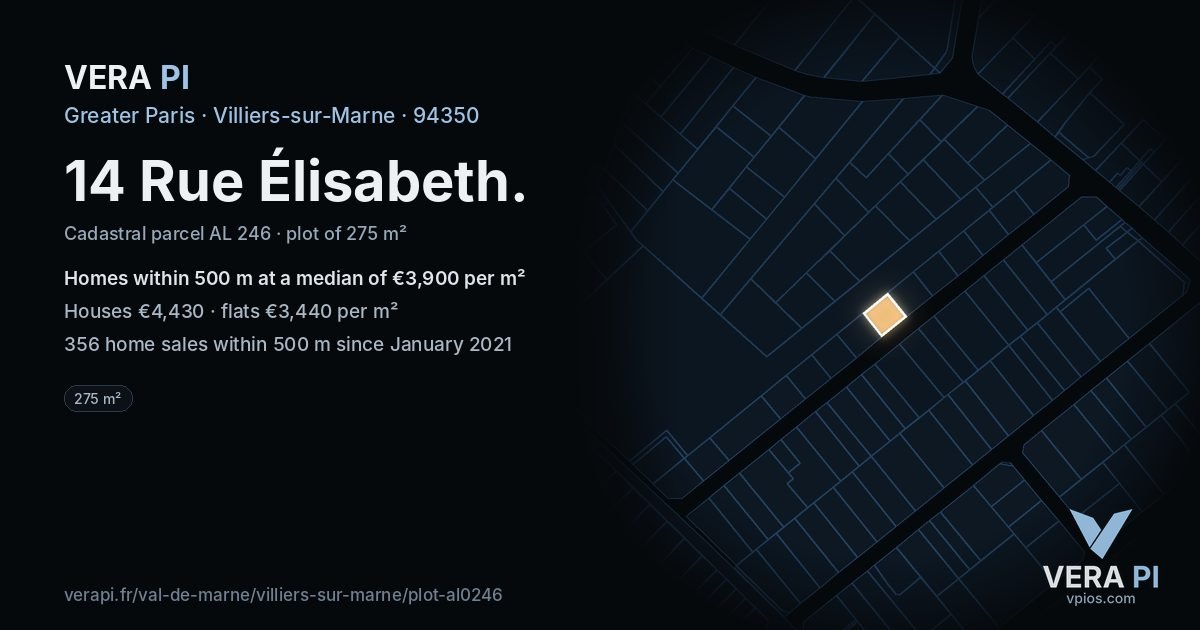 14 Rue Élisabeth, Villiers-sur-Marne at night – the plot lit, the parcels around coloured by the prices near them