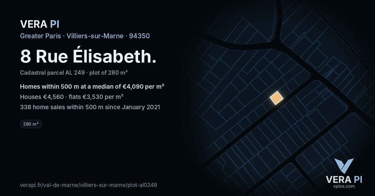 8 Rue Élisabeth, Villiers-sur-Marne at night – the plot lit, the parcels around coloured by the prices near them