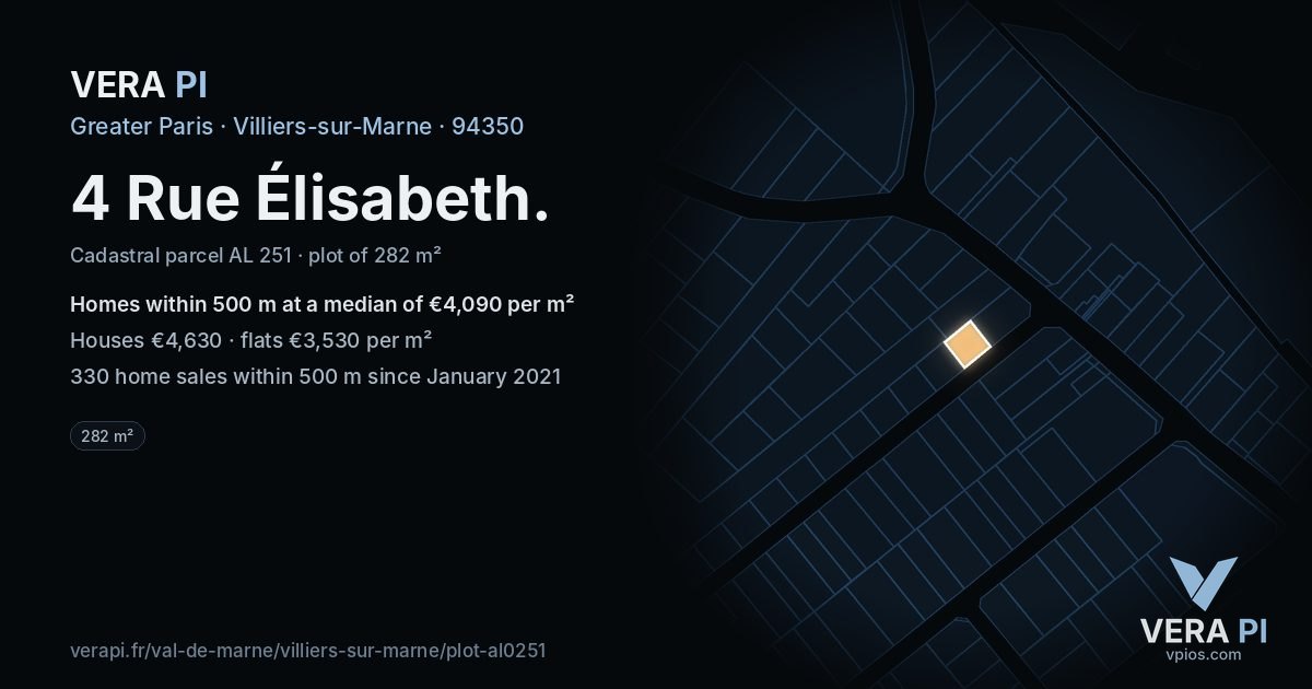 4 Rue Élisabeth, Villiers-sur-Marne at night – the plot lit, the parcels around coloured by the prices near them