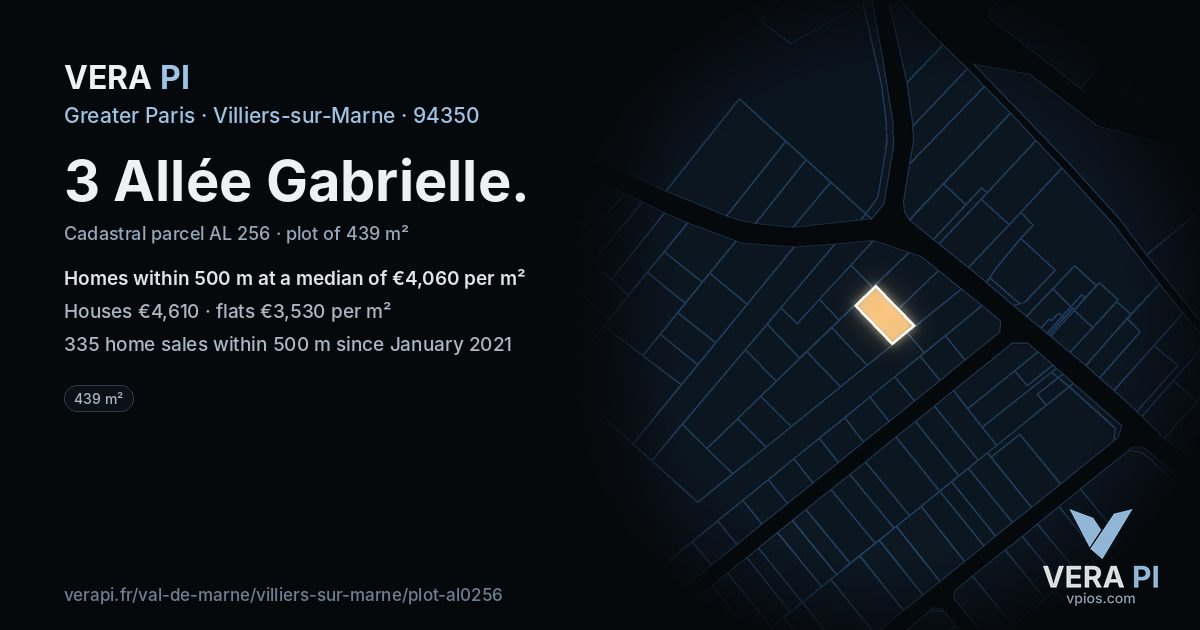 3 Allée Gabrielle, Villiers-sur-Marne at night – the plot lit, the parcels around coloured by the prices near them