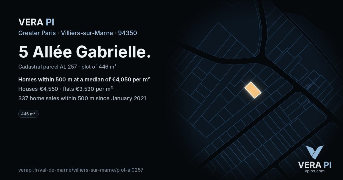 5 Allée Gabrielle, Villiers-sur-Marne at night – the plot lit, the parcels around coloured by the prices near them