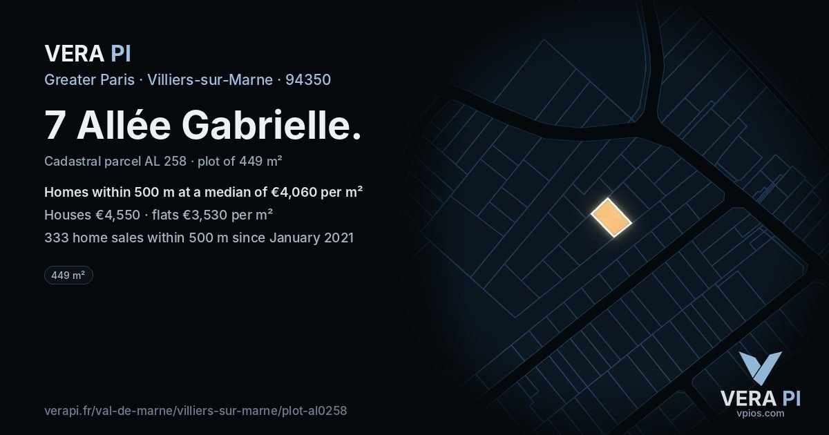 7 Allée Gabrielle, Villiers-sur-Marne at night – the plot lit, the parcels around coloured by the prices near them