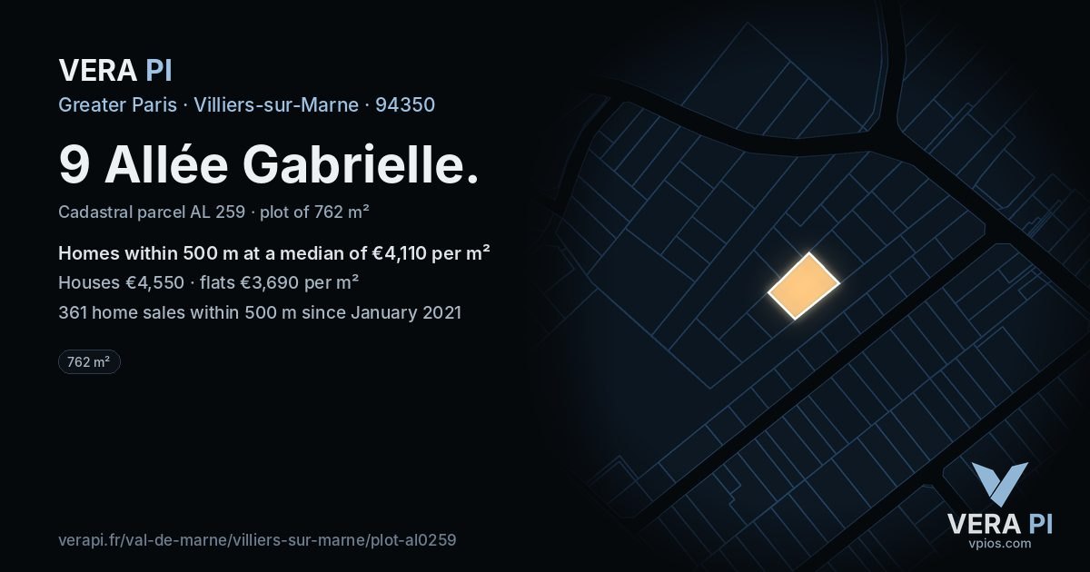 9 Allée Gabrielle, Villiers-sur-Marne at night – the plot lit, the parcels around coloured by the prices near them