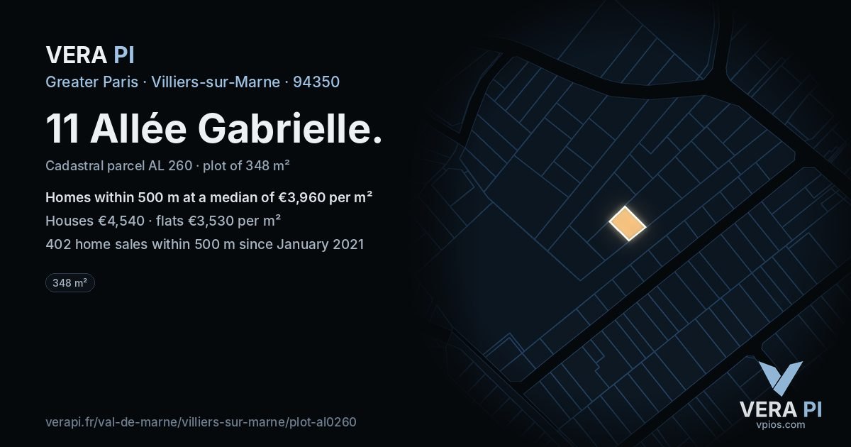 11 Allée Gabrielle, Villiers-sur-Marne at night – the plot lit, the parcels around coloured by the prices near them