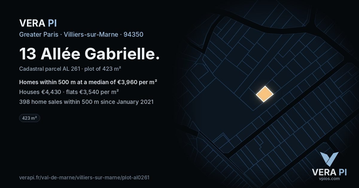 13 Allée Gabrielle, Villiers-sur-Marne at night – the plot lit, the parcels around coloured by the prices near them
