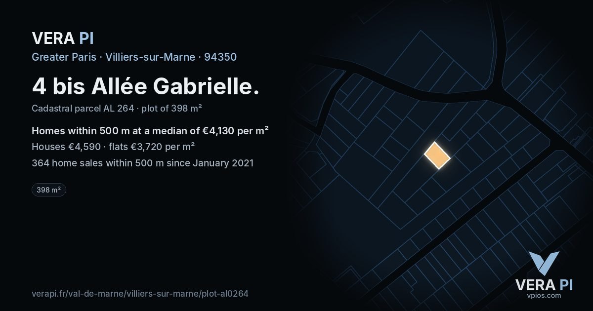 4 bis Allée Gabrielle, Villiers-sur-Marne at night – the plot lit, the parcels around coloured by the prices near them