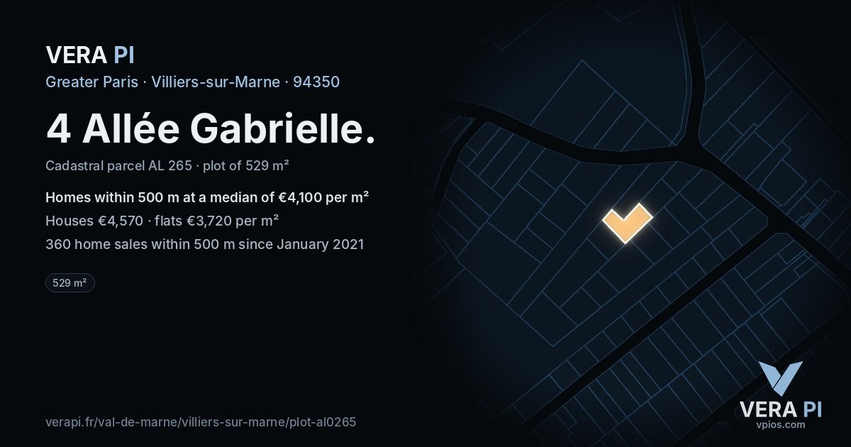 4 Allée Gabrielle, Villiers-sur-Marne at night – the plot lit, the parcels around coloured by the prices near them