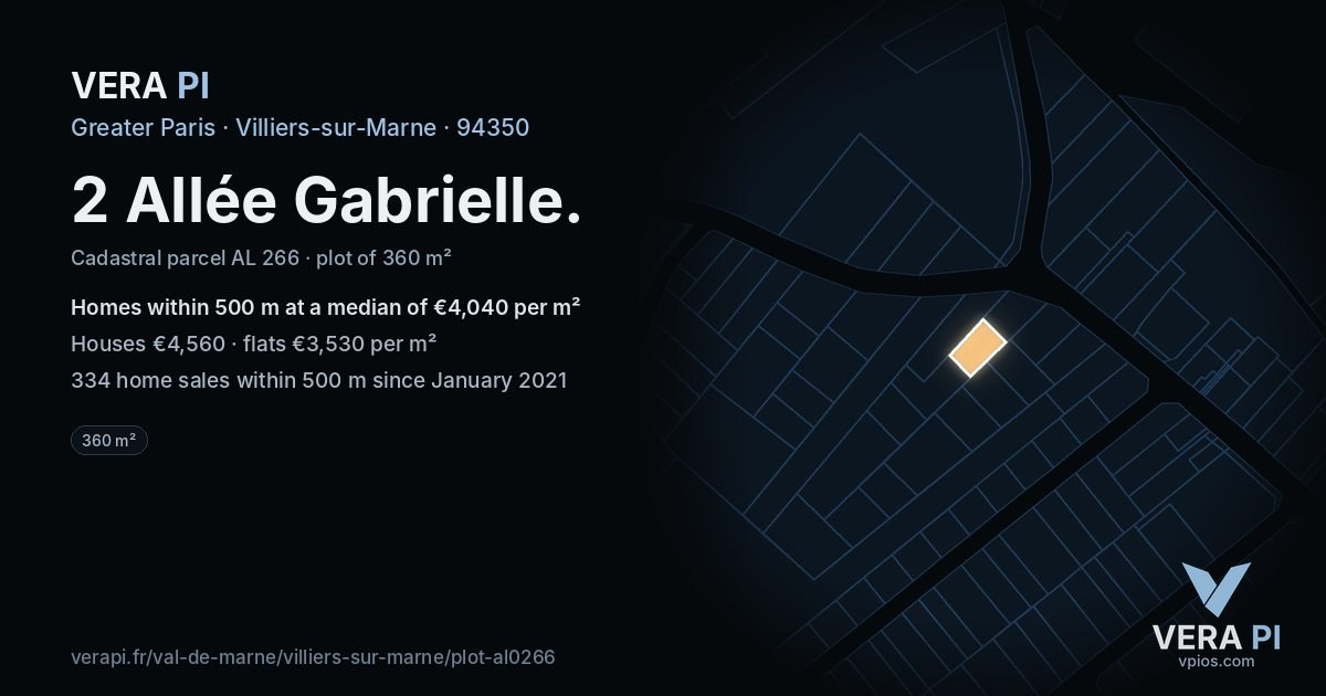 2 Allée Gabrielle, Villiers-sur-Marne at night – the plot lit, the parcels around coloured by the prices near them