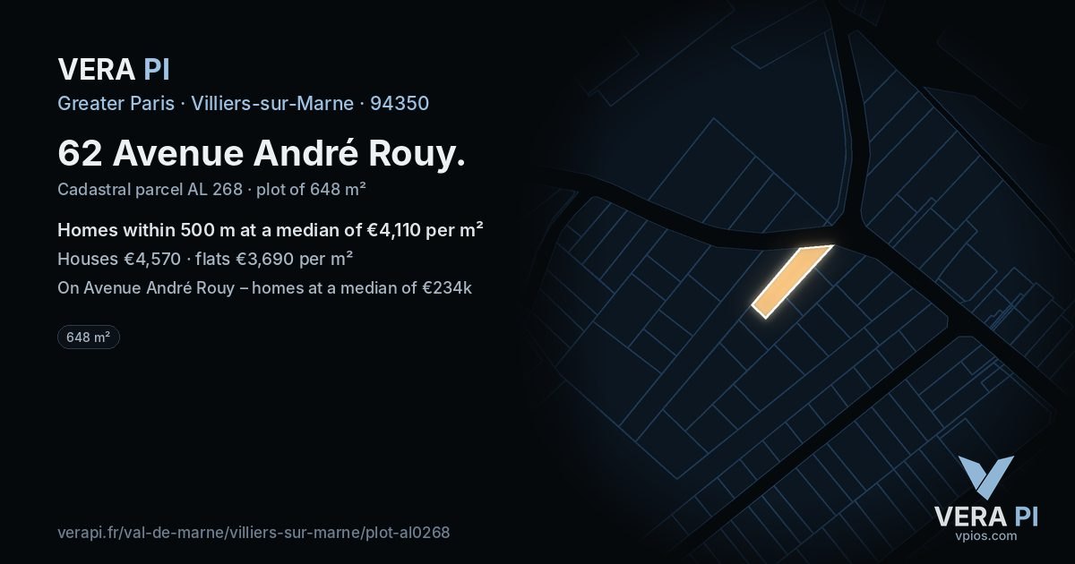62 Avenue André Rouy, Villiers-sur-Marne at night – the plot lit, the parcels around coloured by the prices near them