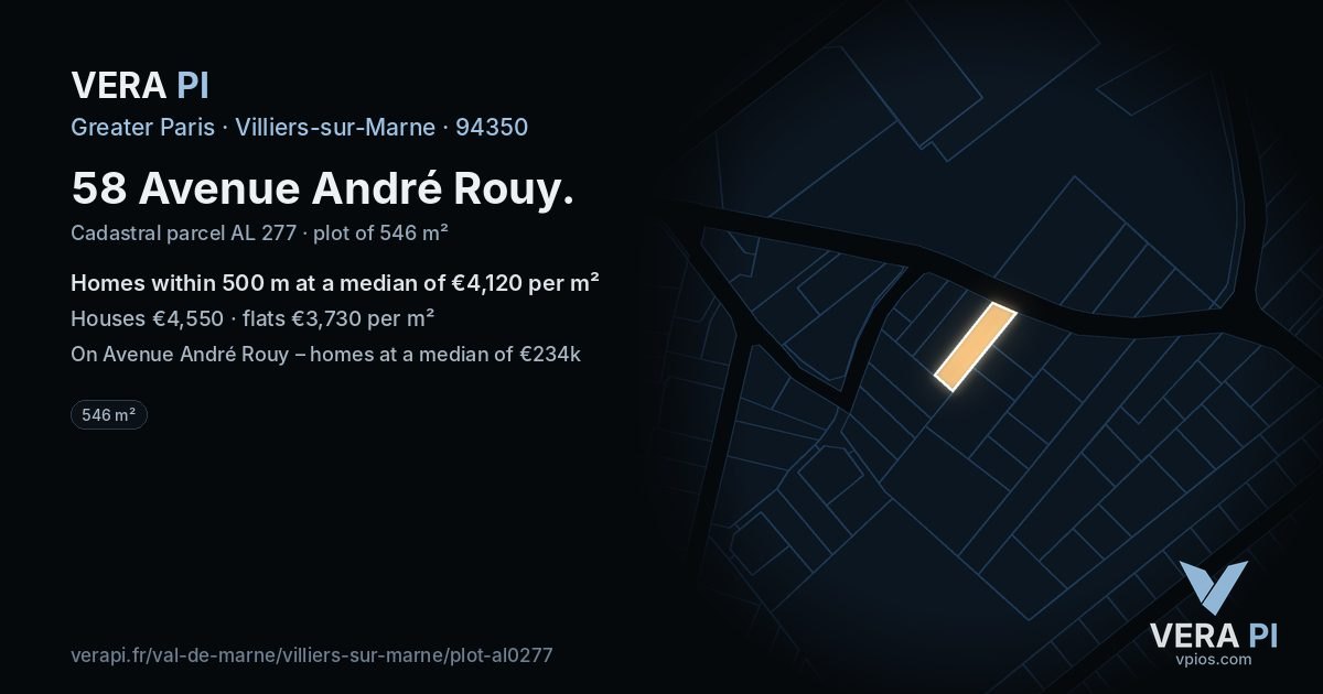 58 Avenue André Rouy, Villiers-sur-Marne at night – the plot lit, the parcels around coloured by the prices near them