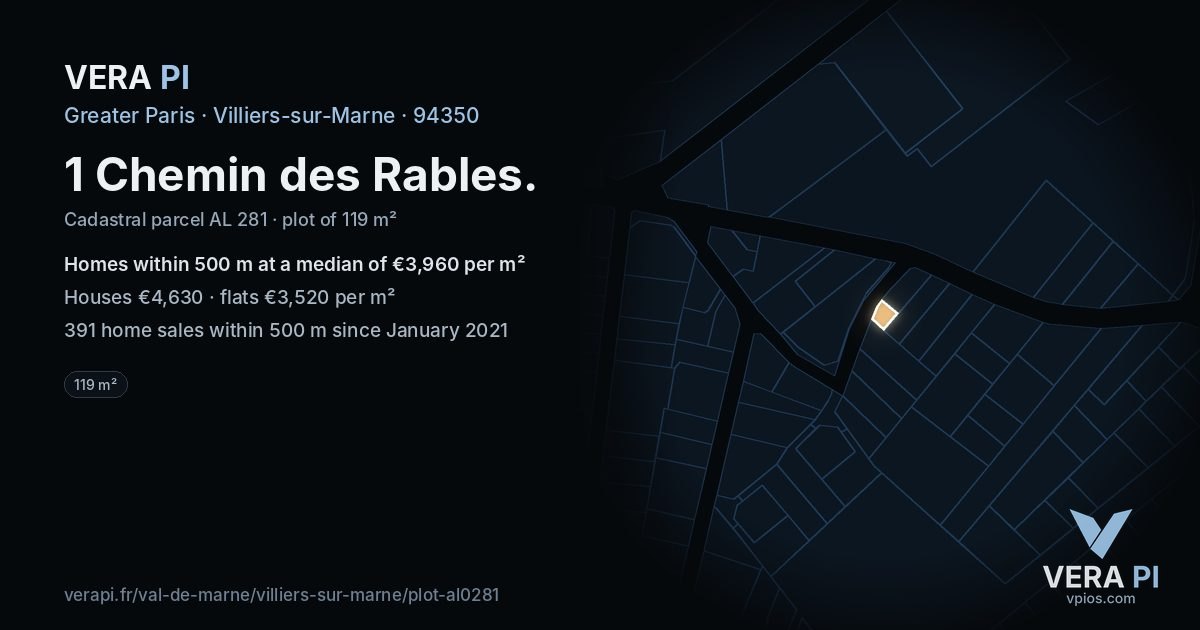 1 Chemin des Rables, Villiers-sur-Marne at night – the plot lit, the parcels around coloured by the prices near them