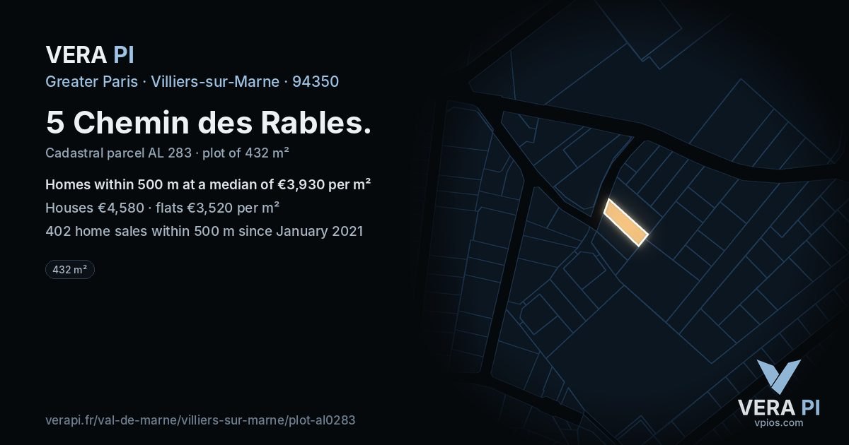 5 Chemin des Rables, Villiers-sur-Marne at night – the plot lit, the parcels around coloured by the prices near them