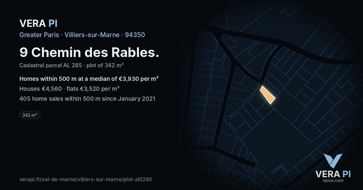 9 Chemin des Rables, Villiers-sur-Marne at night – the plot lit, the parcels around coloured by the prices near them