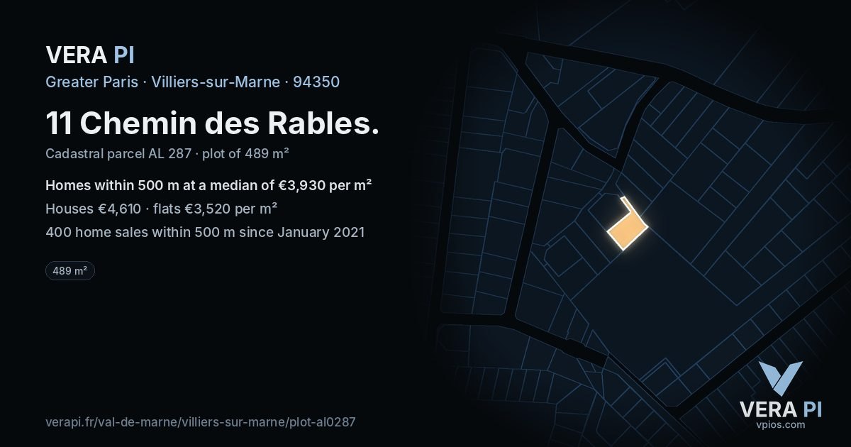 11 Chemin des Rables, Villiers-sur-Marne at night – the plot lit, the parcels around coloured by the prices near them