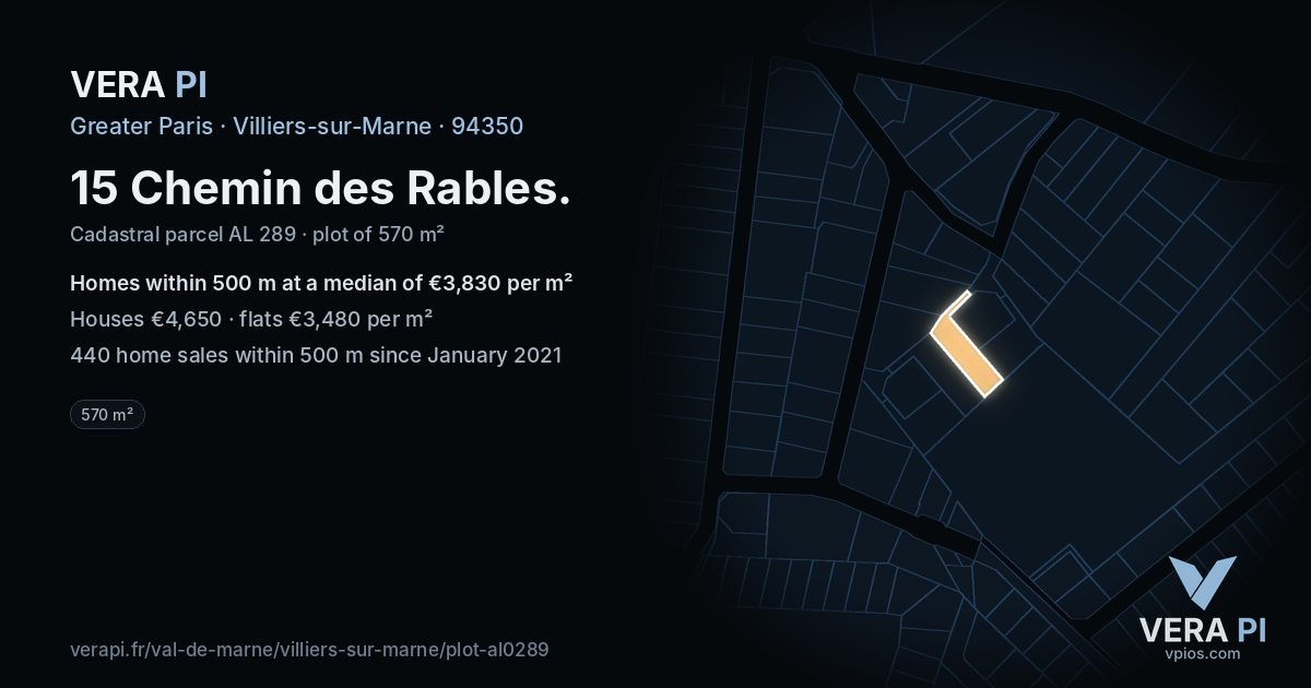 15 Chemin des Rables, Villiers-sur-Marne at night – the plot lit, the parcels around coloured by the prices near them