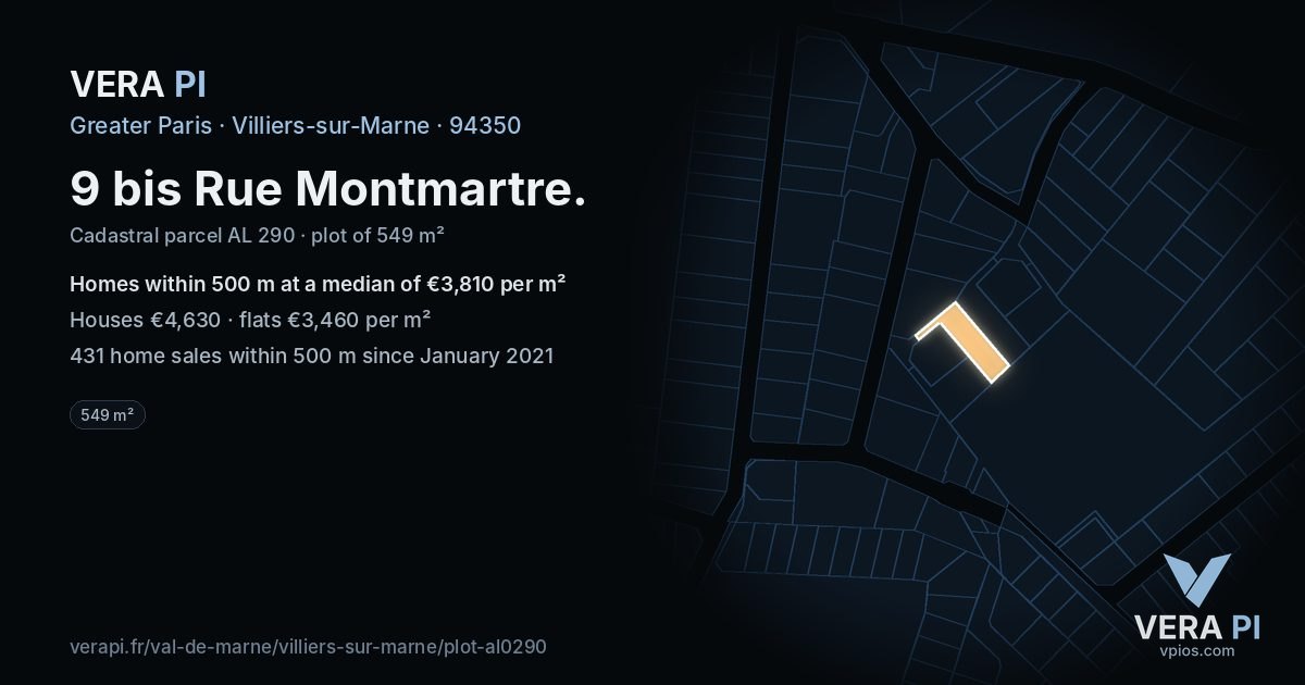 9 bis Rue Montmartre, Villiers-sur-Marne at night – the plot lit, the parcels around coloured by the prices near them