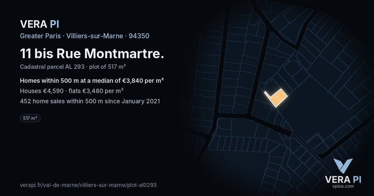 11 bis Rue Montmartre, Villiers-sur-Marne at night – the plot lit, the parcels around coloured by the prices near them