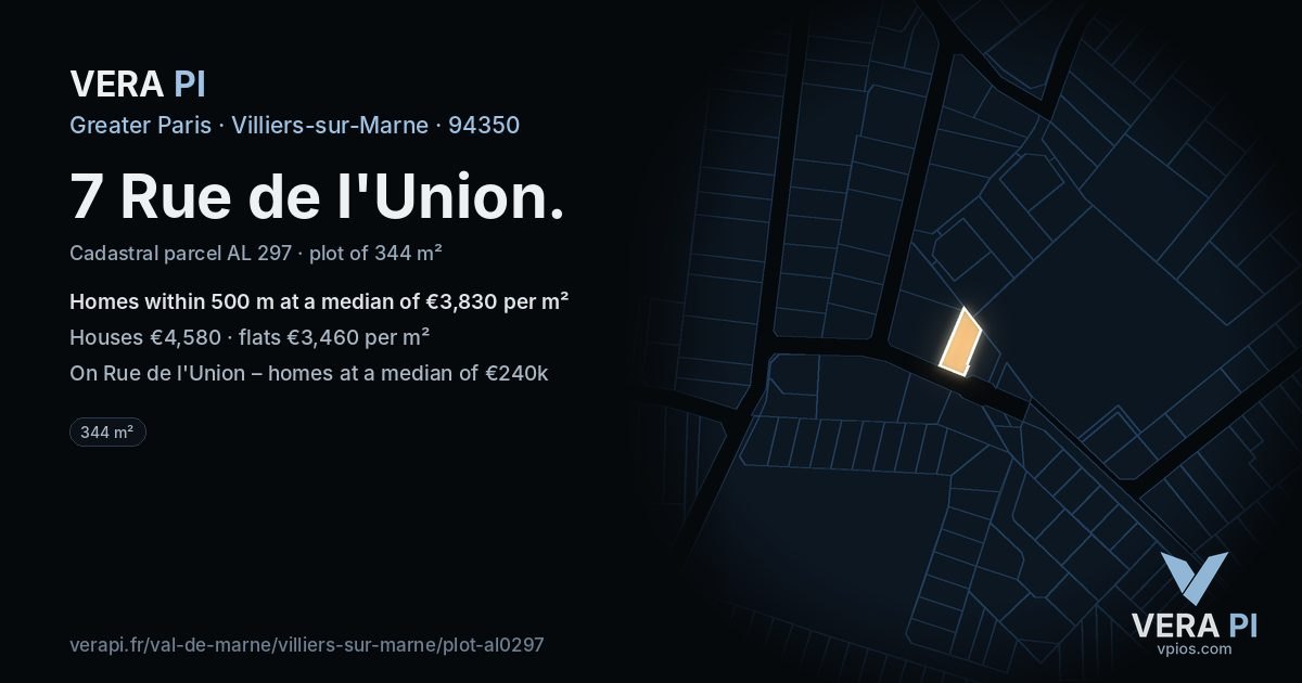 7 Rue de l'Union, Villiers-sur-Marne at night – the plot lit, the parcels around coloured by the prices near them