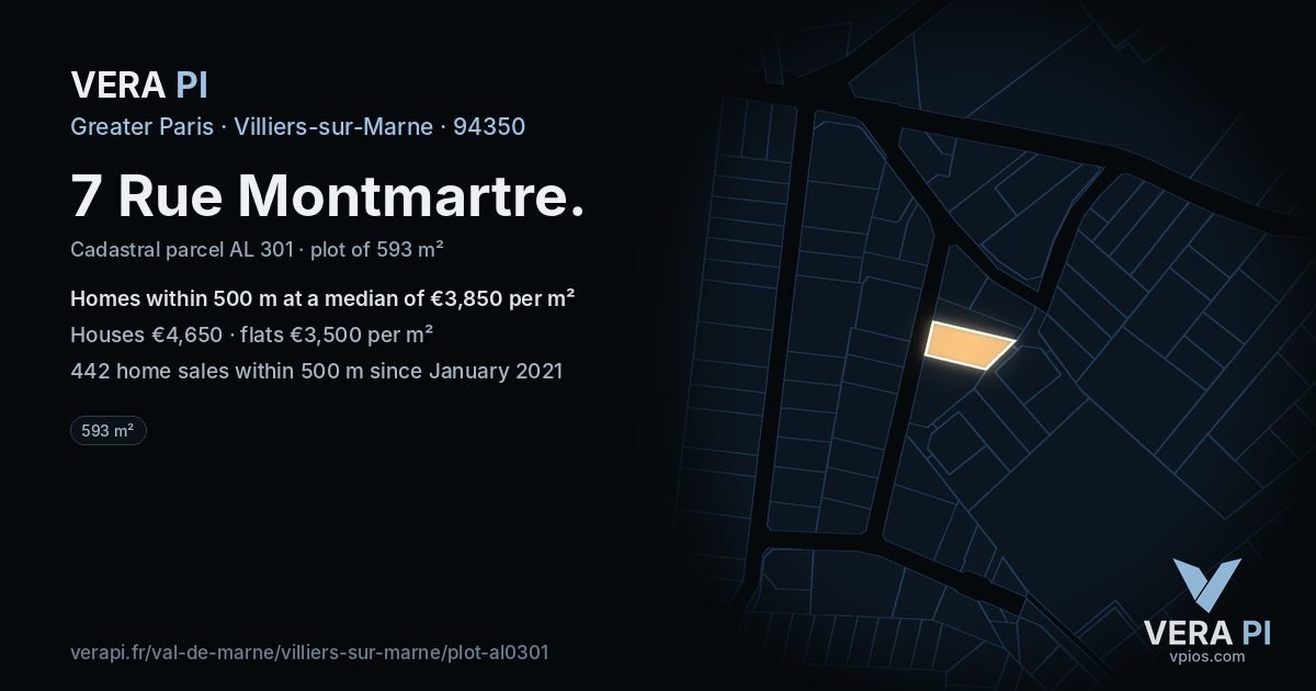 7 Rue Montmartre, Villiers-sur-Marne at night – the plot lit, the parcels around coloured by the prices near them