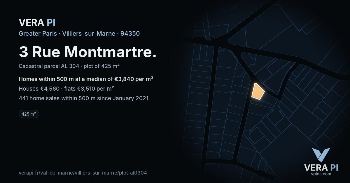 3 Rue Montmartre, Villiers-sur-Marne at night – the plot lit, the parcels around coloured by the prices near them