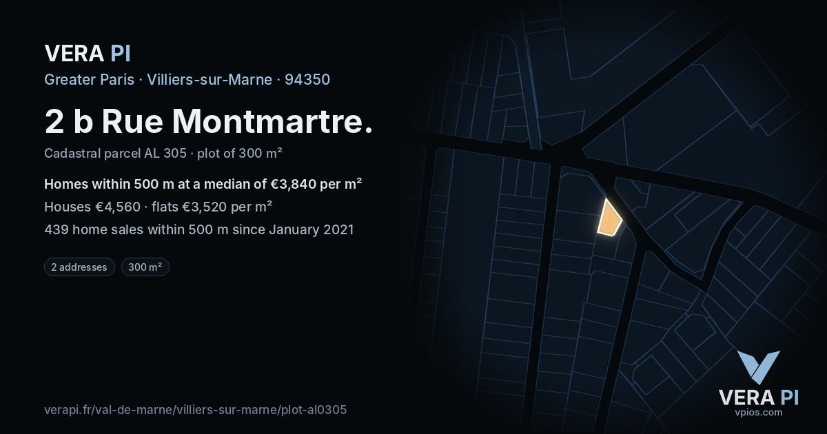 2 b Rue Montmartre, Villiers-sur-Marne at night – the plot lit, the parcels around coloured by the prices near them