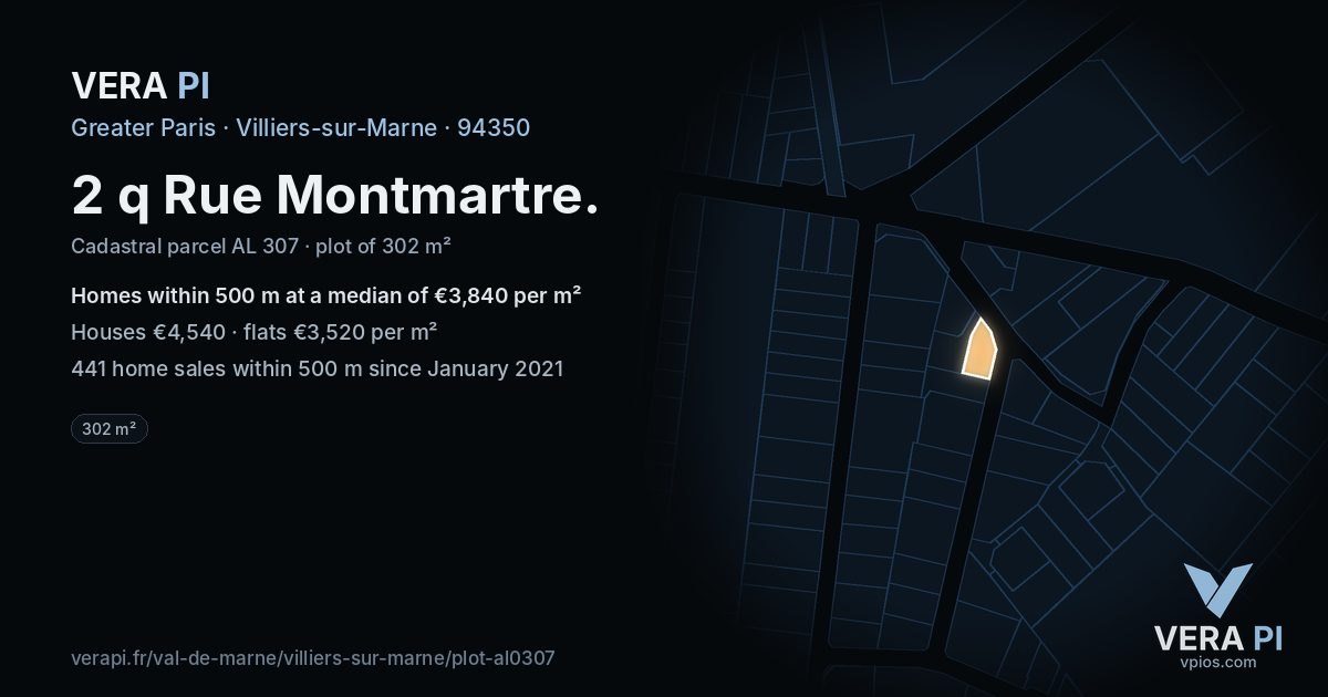 2 q Rue Montmartre, Villiers-sur-Marne at night – the plot lit, the parcels around coloured by the prices near them