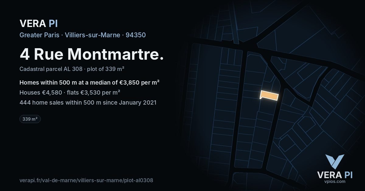4 Rue Montmartre, Villiers-sur-Marne at night – the plot lit, the parcels around coloured by the prices near them