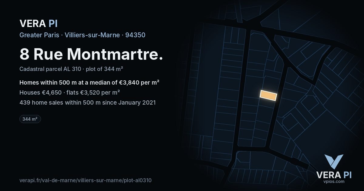 8 Rue Montmartre, Villiers-sur-Marne at night – the plot lit, the parcels around coloured by the prices near them
