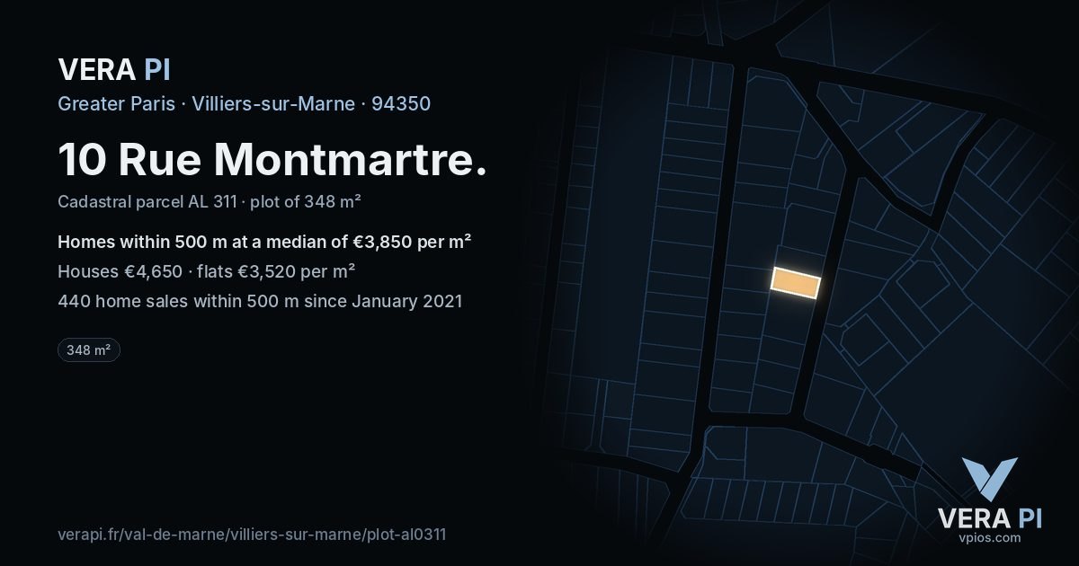 10 Rue Montmartre, Villiers-sur-Marne at night – the plot lit, the parcels around coloured by the prices near them