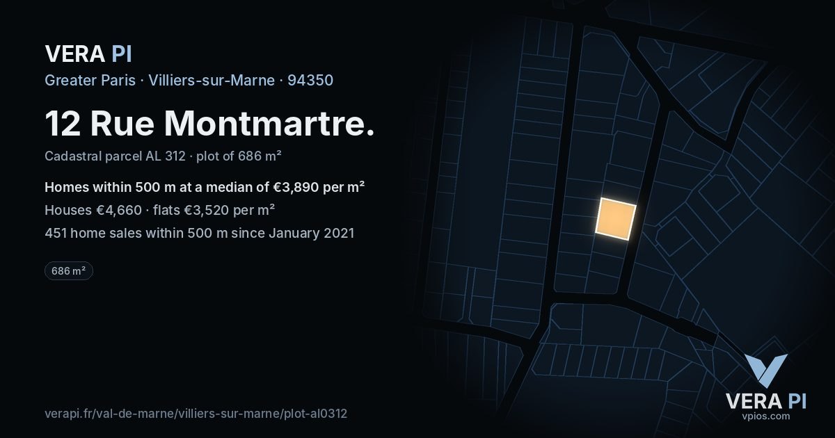12 Rue Montmartre, Villiers-sur-Marne at night – the plot lit, the parcels around coloured by the prices near them