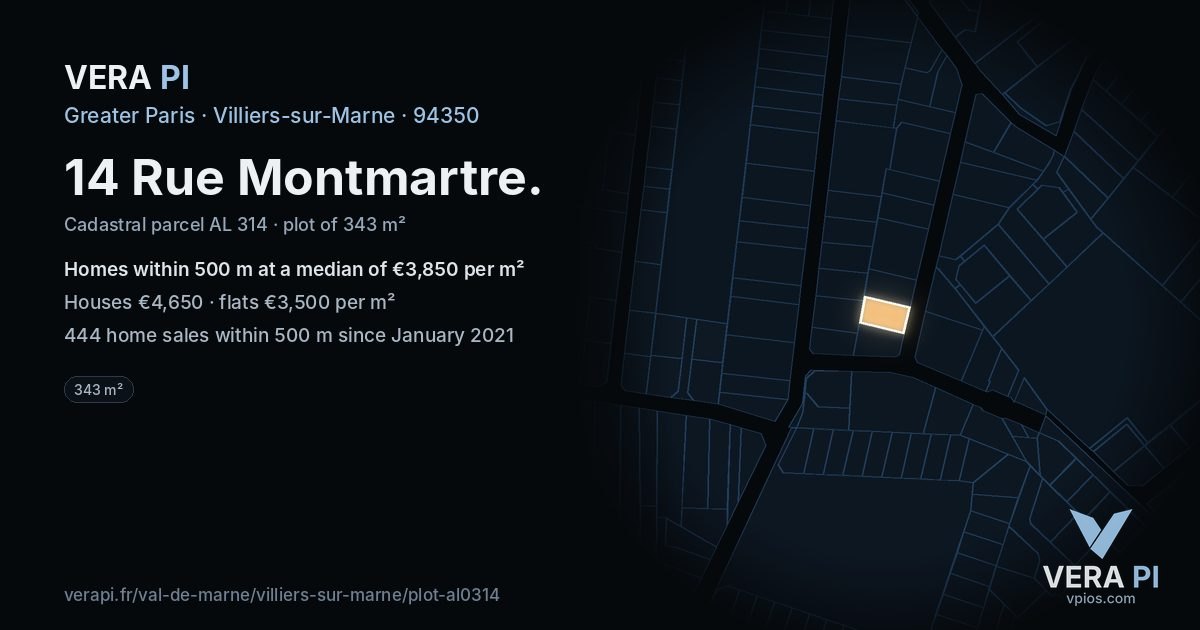 14 Rue Montmartre, Villiers-sur-Marne at night – the plot lit, the parcels around coloured by the prices near them