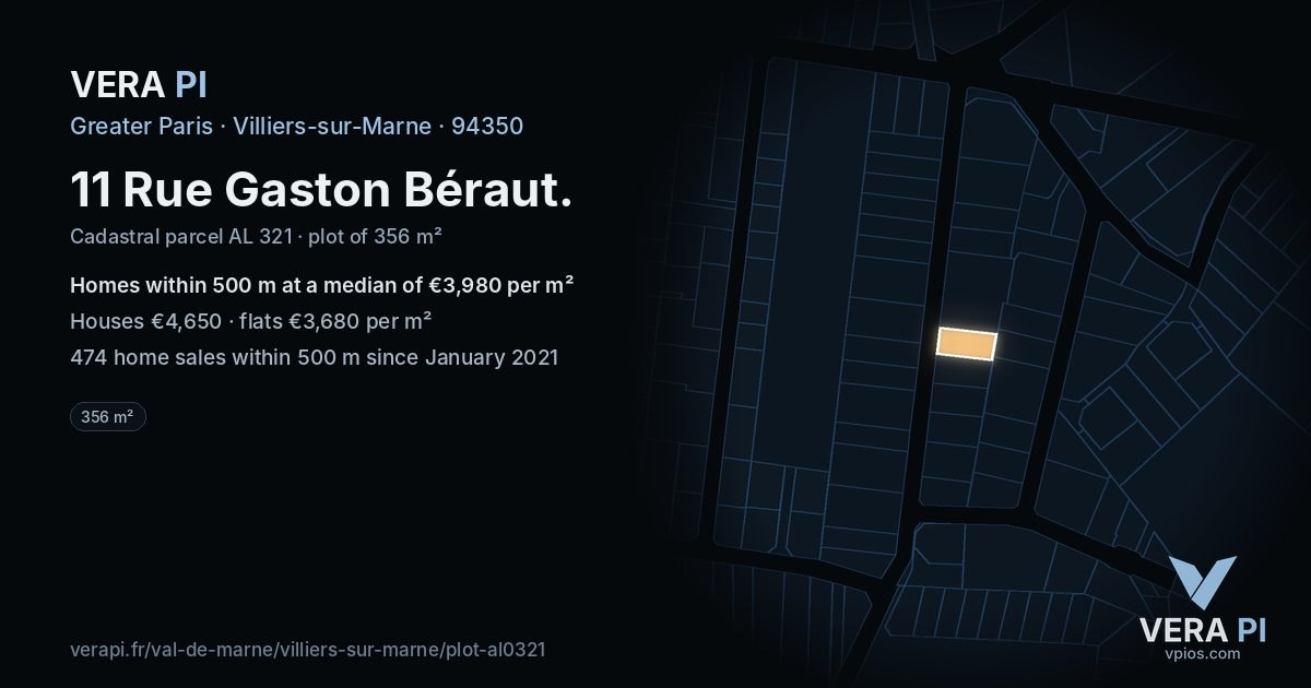 11 Rue Gaston Béraut, Villiers-sur-Marne at night – the plot lit, the parcels around coloured by the prices near them