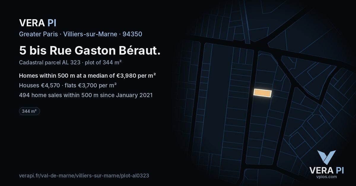 5 bis Rue Gaston Béraut, Villiers-sur-Marne at night – the plot lit, the parcels around coloured by the prices near them